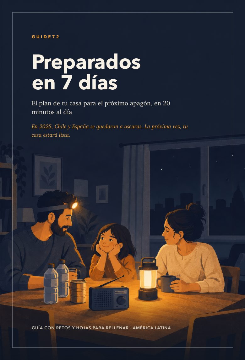 Portada de la guía: una familia alrededor de la mesa durante un apagón, con una linterna de cabeza, una radio, agua y un farol encendido.