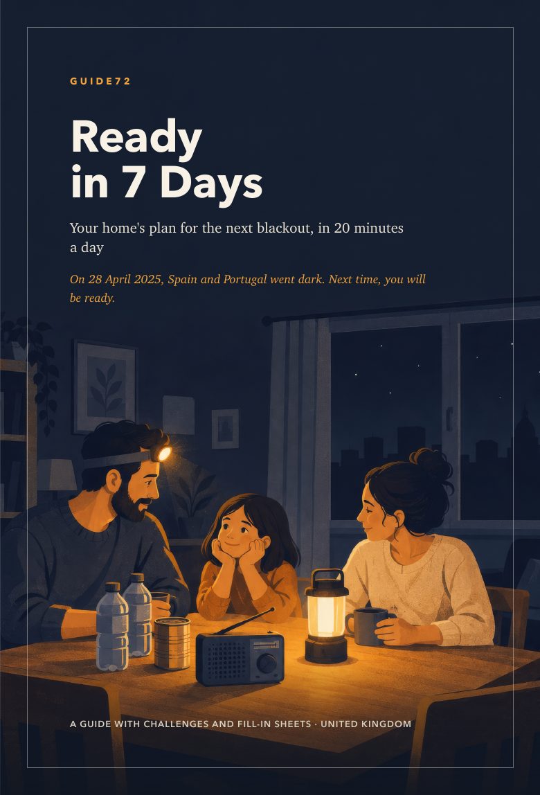 Cover of the guide: a family around the table during a blackout, with a head torch, a radio, water and a lit lantern.